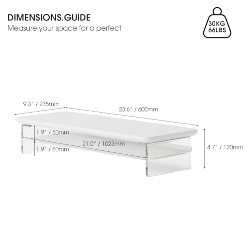 Image of Fenge 23.6 inch Dual Monitor Stand with Clear Acrylic Legs, White | Clear Acrylic, Storage Compartment, 2-tier Home Office Monitor Riser, Desktop Shelf Fit Monitor /Laptop /Printer