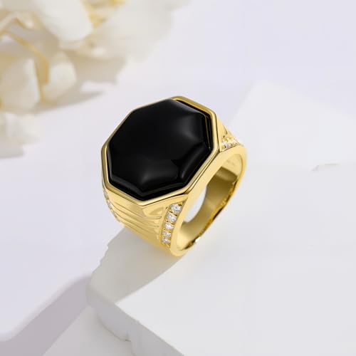 MRENITE Personalize 10k 14k 18k Gold Mens Onyx Rings, Natrual Black Gemstone Signet Band for Men, Geometry Vintage Pinky Thumb Ring Gift for Dad Father Him3