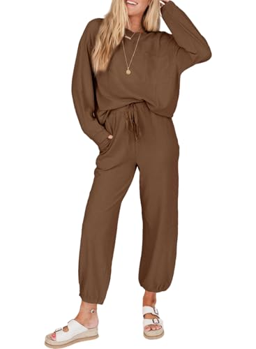 SHEWIN Women's 2 Piece Outfits Waffle Knit Lounge Sets Casual Long Sleeve Pullover Drawstring Jogger Pants Tracksuit Set