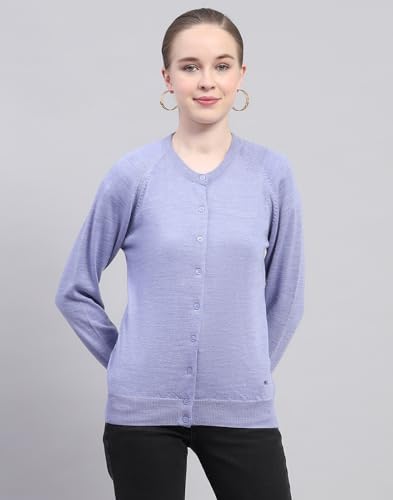 Image of Monte Carlo Womens Solid Blue Round Neck Full Sleeve Cardigan