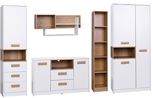 Marmex Kinderzimmer Komplettes Set Grant G, im Set: Kleiderschrank G1, Geschlossener Büchregal G6, Schmales bücherregal G7, Kommode mit Schubladen G5, Wandregal G3 - Farbe Weiß + Riviera Eiche
