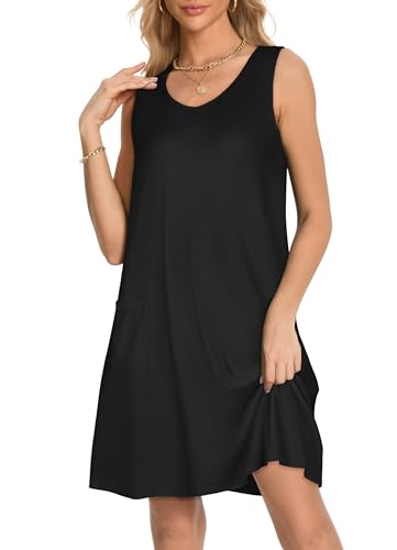 Image of elescat Womens Summer Dresses Casual V Neck Sleeveless Pockets Beach Loose Tank Sundress 2026
