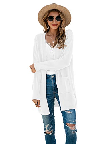 Tasamo Women's Long Sleeve Pocket Solid Color Knit Ribbed Neckline Cardigans (Small,White) #TOP3