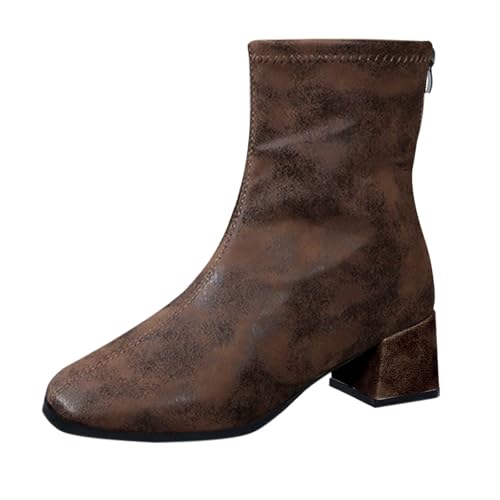 Botines de mujer con punta cuadrada con cremallera de gran tamaño de moda cuero tacón cuadrado ligero botas cortas vintage británico botines zapatos otoño invierno, marrón, 41 EU