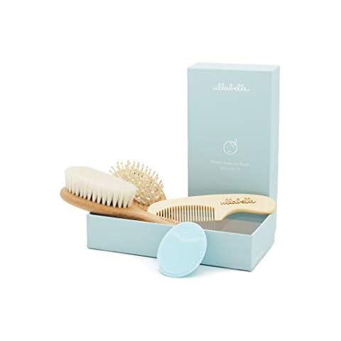 Ullabelle 4 Piece Wooden Baby Hair Brush and Comb Set for Newborns & Toddlers in Chic Gift Box - Ultra Soft Natural Goat Hair and Wood Baby Brush Set Prevents Cradle Cap - Perfect Registry Gift (Blue) Cover