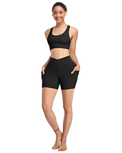 Chrleisure V Cross Waist Ribbed Biker Shorts With Pockets, High Waisted Gym Booty Workout Crossover Shorts (Black, S) #TOP1