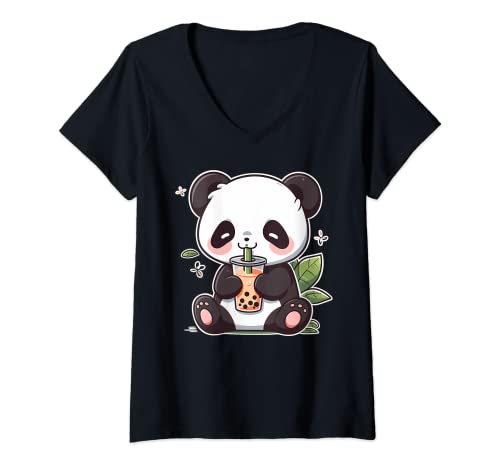 Donna Kawaii Cute Anime Panda Drinking Bubble Boba Tea Girls Teens Maglietta con Collo a V