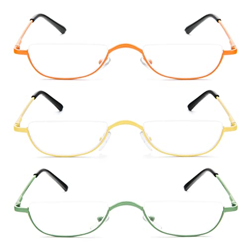 Kokobin Half Reading Glasses,3 Pack Half Rim Metal Frame Glasses Spring Hinge Readers With Leather Pouch For Men And Women (Green+Yellow+Orange,2.00) #TOP6