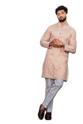 Image of LookMark Men's Printed Silk Blend Kurta with Mandarin Collar, Full Sleeves, Straight Fit Traditional Ethnic Wear