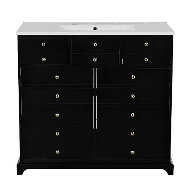 Maximize Bathroom Storage with 36'' Vanity Set, Drawers and Ceramic Sink Combo, Sturdy Black Solid Wood Frame