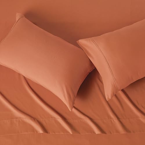 Image of Amazon Basics Lightweight Breathable Microfiber 4-Piece Bed Sheet Set, Brick, Solid, Queen
