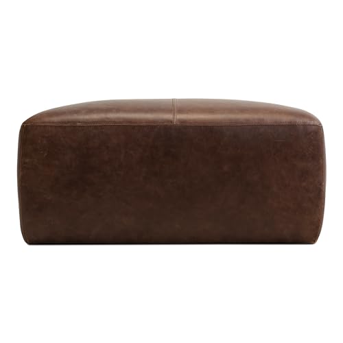 Image of Poly & BARK Sequoia Ottoman - 35 inch Square Pouf with Feather-Down Topper - Full-Grain Leather Upholstered Pouf Ottoman for Living Room - Vintage Italian Leather in Chocolate Brown