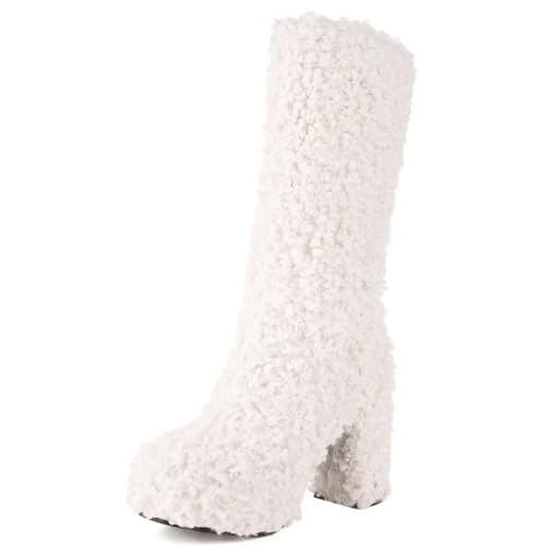 KISSASA Mid Calf Fluffy Furry Boots Warm Platform Chunky High Heel Pull On Boots Fashion Winter Boots