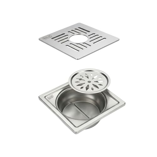 Image of Freshco 5x5 SS 304 Floor Drain Jali - Capsule Design (with Hole) - for Washing Machine Pipe - Includes Anti-Odor Cockroach Trap - Heavy Duty 1.5mm Thick Grating - Fits 110mm Pipe