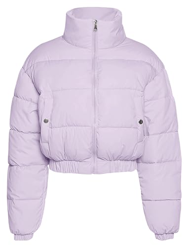 Flygo Cropped Puffer Jacket Women 2025 Winter Warm Zip Up Padded Short Quilted Jackets Down Coat(LilacPurple-S)