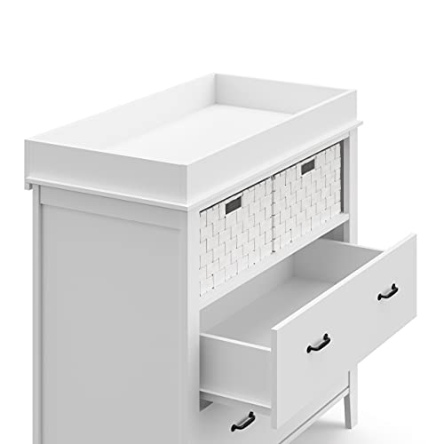 Storkcraft Forrest 2 Drawer Changing Table Chest With Baskets, Attached Changing Topper Fits Standard Size Changing Pad, 2 Drawers And 2 Open Shelves, White #TOP4