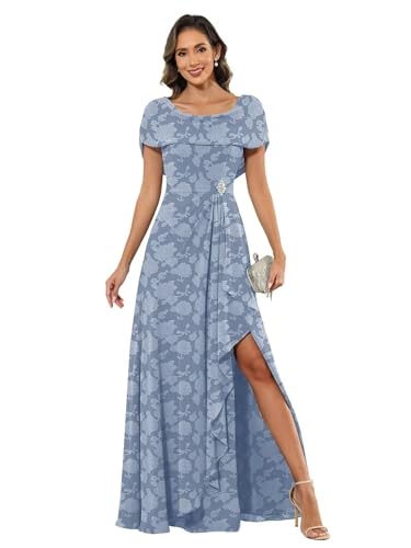 Chiffon Floral Mother of The Bride Dress with Cape Sleeves Ruffles Formal Evening Gowns for Women