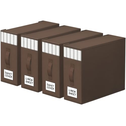Image of StorageTastic 4 Pack Bed Sheet Closet Organizers and Storage,Sturdy Foldable Storage Containers with Window and Label,Storage and Organization for Bedding Sheets,Duvet Covers,Blankets (Brown)
