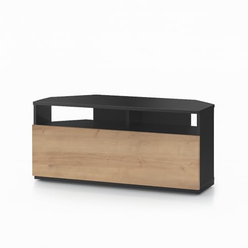 RO&CO Sonorous TRD100-NCh | Meuble TV d’Angle Noir avec Porte Chêne 100 cm | Meuble Télévision d’Angle pour Salon Moderne | Porte Rabattable avec...