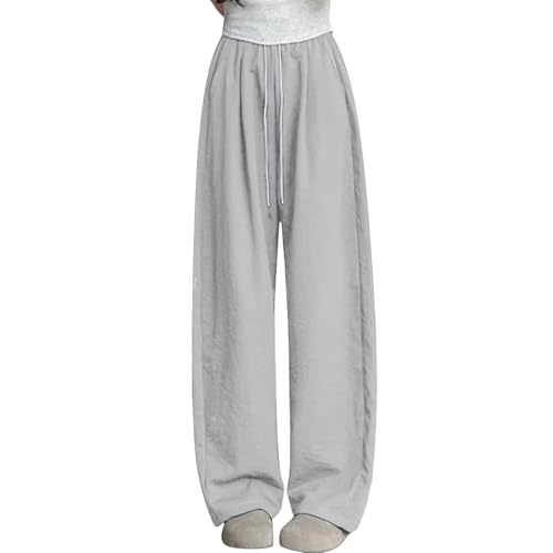 Womens Baggy Wide Leg Pants Stretch High Waist Lounge Pant Summer Casual Comfy Workout Sports Trousers with Pockets(Khaki,Large)