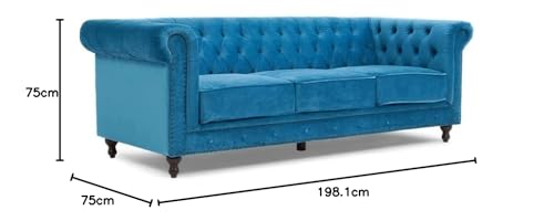 Image of Modern and Stylish 3 Seater Chesterfield Luxury Sofa with Valvet and Fabric Comfortable Sofa for Living Room, Dining Room, Hallway, and Office-(Ocean Blue).