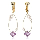 [スズメの国 装身具] イヤリング ピンクアメジスト アメジスト 誕生石 天然石 半貴石 パール スクエア 揺れる 軽い 両耳 おしゃれ クリスマス かわいい 大人(真鍮製ネジバネ式イヤリング)