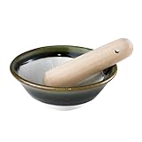 Asayu Japan Mortero de Cerámica con Pilón de Madera, Hecho en Japón, Apto para Lavavajillas y Microondas, Set Ripple Ridge Suribachi y Surigoki (Verde oliva, 11cm)