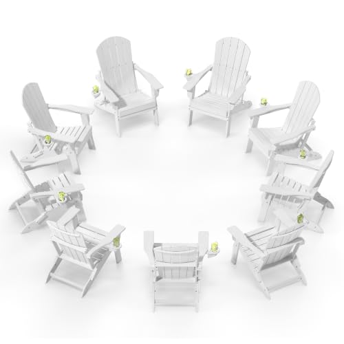 Image of Plawdlik Folding Adirondack Chair 9-piece Set, Cup Holder, White | pin-free folding, 38-in tall back, Wood-grain All-weather HDPE; for fire pit, poolside, deck, backyard, patio