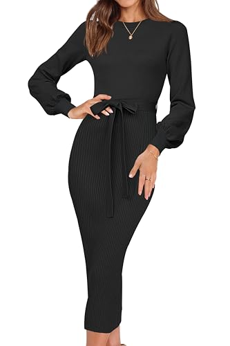 Image of HAEOF Womens 2026 Fall Midi Sweater Dress Winter Puff Long Sleeve Bodycon Ribbed Knit Trendy Business Casual Work Dresses