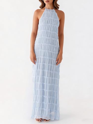 Image of Yiulangde Women's Backless Smocked Maxi Dress Sexy Spaghetti Strap Cut Out Flowy Beach Long Dress Vacation Casual Sundresses