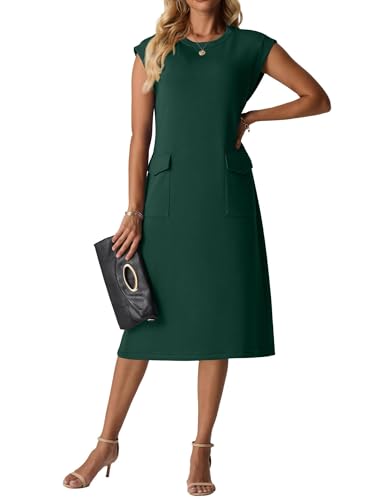 QIXING Damen Midi Strickkleid - Ärmellos, Rundhals, Faltenfrei Sommerkleid mit Taschen (Dunkelgrün, XL)