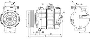 Technical drawing of the AC compressor with multiple views and dimensions