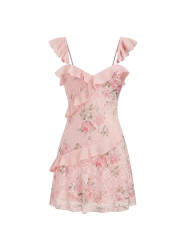 CIDER Women's Floral Lace Mini Dress Ruffle Cowl Neck Cute Summer Dresses Wedding Guest Dress Trendy Date Vacation Outfits