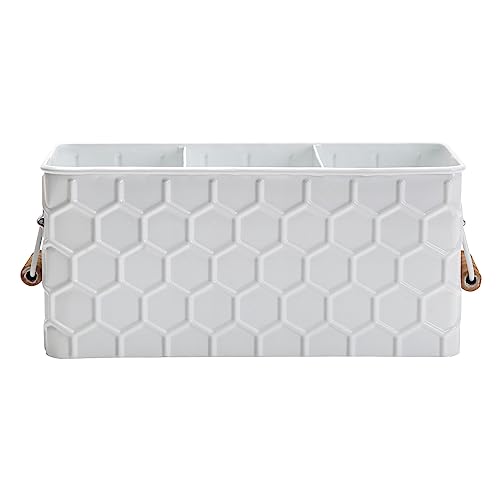 NIKKY HOME Farmhouse Silverware Organizer with 3 Compartments Cutlery Caddy Kitchen Countertop Flatware Holder for Utensil Spoons Knives Forks White Honeycomb Embossed Pattern