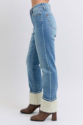 Judy Blue High Waist Shearling Cuff Straight Jeans - Warm, Stylish, and Stretchy Denim for Ultimate Comfort -888902