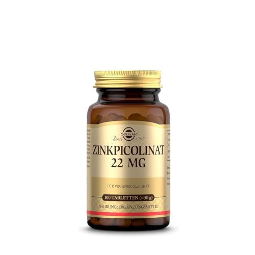 SOLGAR Zinkpicolinat | Hohe Bioverfügbarkeit durch organische Verbindung | Für Immunsystem & Haut Haare Nägel | 100 vegane Tabletten