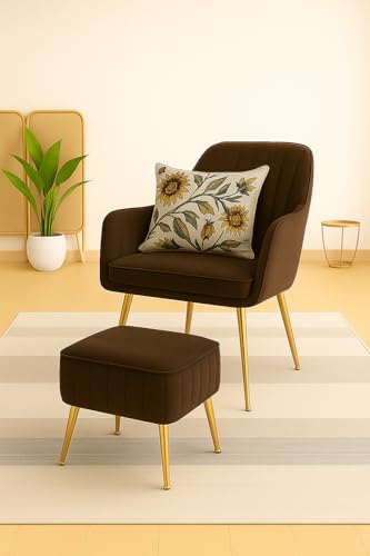 Image of Velvet Accent Chair with Matching Pouffe & Floral Cushion | Upholstered Lounge Armchair with Gold Metal Legs for Living Room, Bedroom, Office & Guest Room (Dark Brown)