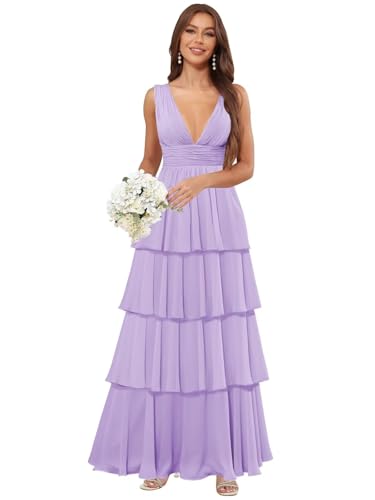 Deep V Neck Prom Dresses for Women Chiffon Tiered Bridesmaid Form...