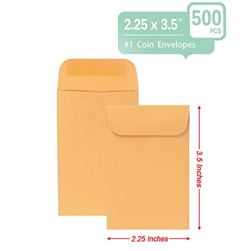 Xxcxpark 500 Pcs #1 Coin Envelopes, 2-1/4” X 3-1/2” Inches Brown Kraft Envelopes Classic Small Parts Envelopes With Self Adhesive Gummed Flap For Coins, Cash, Credit Cards, Seeds #TOP2
