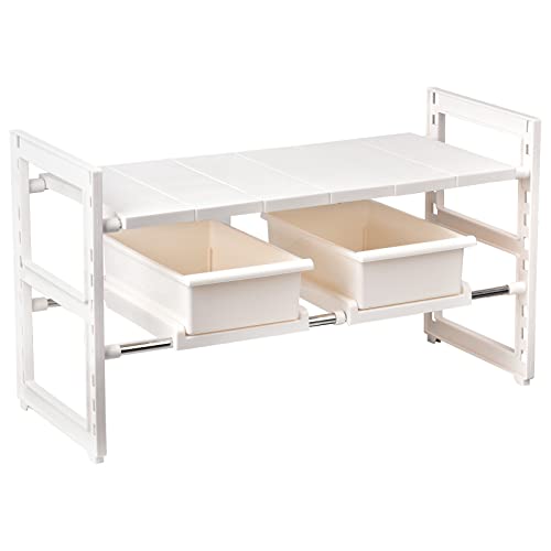 Pangutiandi Organiseur extensible sous évier, étagère réglable (42-72) x 27,5 x 39,5 cm, étagère de rangement multifonctionnelle avec 6 panneaux amovibles et 2 tiroirs pour cuisine et salle de bain,