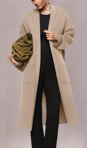 Image of Womens Long Sleeve Maxi Cardigan Open Front Oversized Knitted Sweater Coat Casual Lapel Warm Overcoat with Pockets