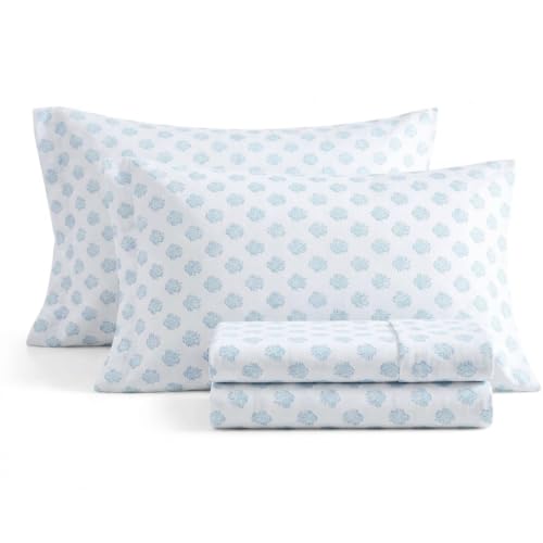 Image of Nautica - Sheet Set, Breathable & Cooling Microfiber Bedding with Matching Pillowcases, Deep Pocket, Fully Elasticized (Coastal Coral Ocean Breeze Blue, Full)