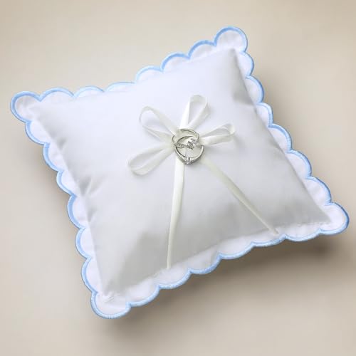 Gerrii Wedding Ring Pillow 9 x 9 Inch Blue Scalloped Ring Bearer Pillows with Bow Cotton Linen Bearer Cushion for Proposal Wedding Party Ceremony