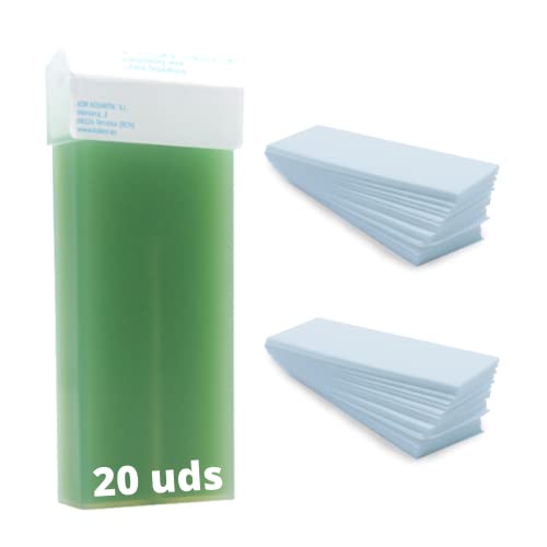 KOKEN - Pack 20 Cartuchos ALOE VERA + 200 bandas depilatorias | Calidad profesional. Cera Depilatoria Roll-on 100ml Universal