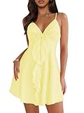 MIYIEONZ Women Sleeveless Sexy V Neck Summer Dress for Women Casual Flowy Beach Club Party Spaghetti Strap Mini Sundress Medium Yellow Short Dresses