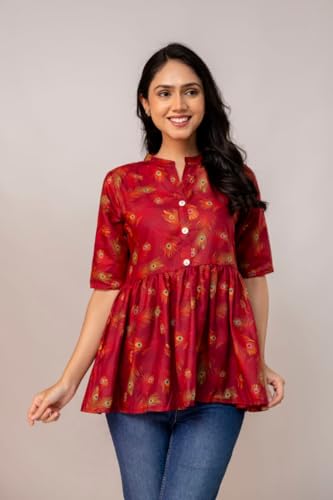 Image of Women's Printed Peplum Top | Ethnic Feather Print Kurti Style Top | Mandarin Collar, 3 /4 Sleeve | Casual & Office Wear for Girls & Women | Maroon