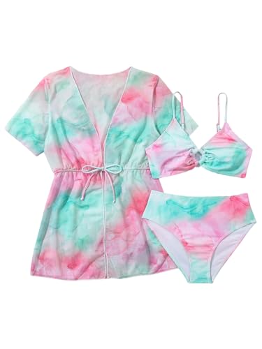 Milumia Girl's 3 Piece Swimwear Tie Dye Spaghetti Strap Bikini Swimsuit with Cover Ups