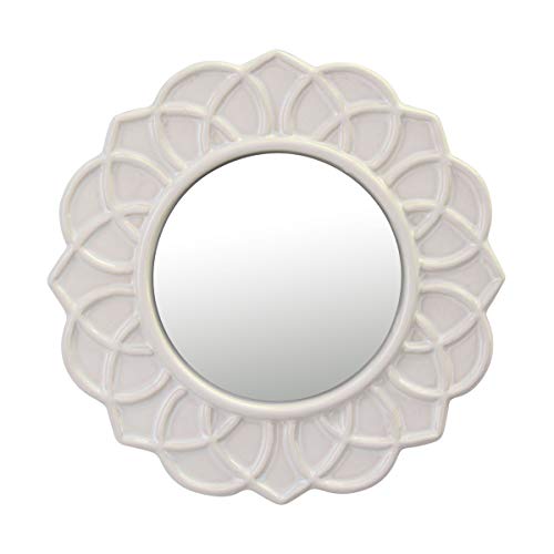 Stonebriar Decorative Round Ivory Floral Ceramic Wall Hanging Mirror, Worn White