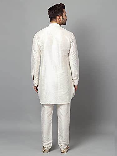 Image of Uri and MacKenzie Men's Silk Blend Solid Pathani Kurta with Readymade Pajama Pant Set