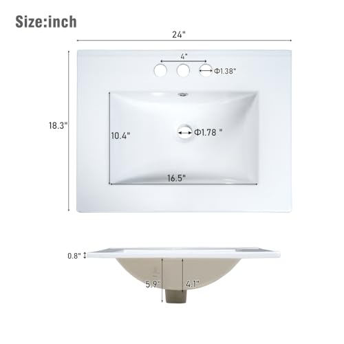 Image of 24 Inch Bathroom Vanity with Ceramic Sink, Freestanding Vanity Cabinet with 2 Drawers and 1 Door (White)